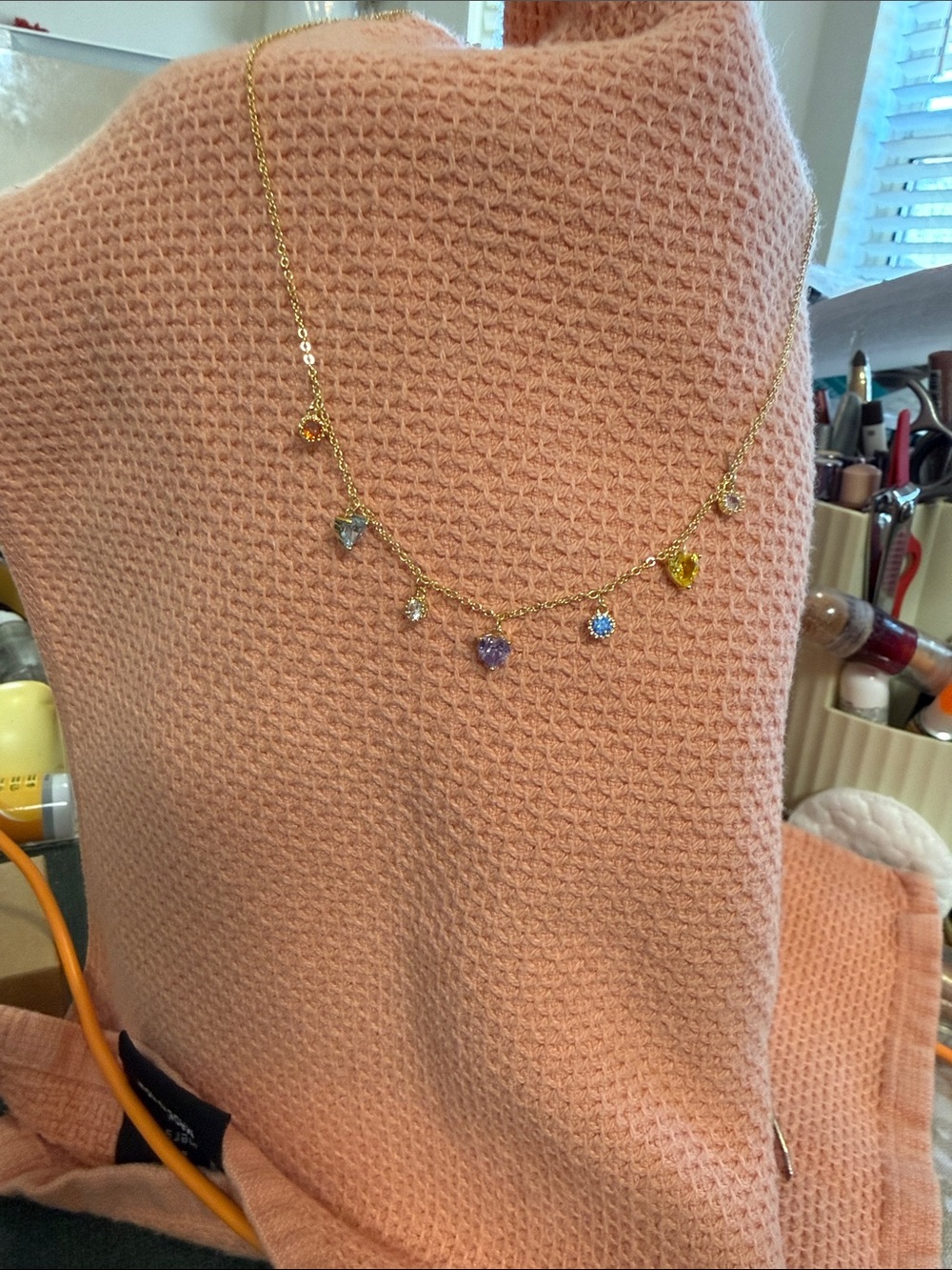 Gold Chain Necklace with Multicolor Heart & Teardrop Charms